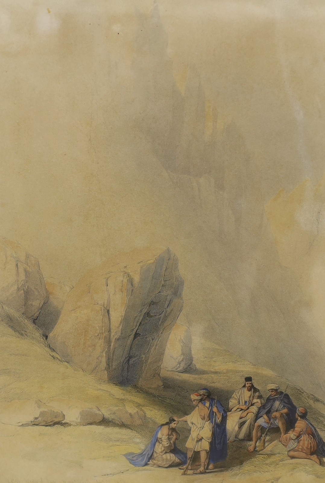 David Roberts (1796-1864), set of three hand-coloured lithographs: 'The Ascent of the Summit of Sinai', dated 1839, plate 10, 'The Rocks of Moses', 1839, plate 17, and 'Temple of El Knasne Petra', 1839, plate 26, largest